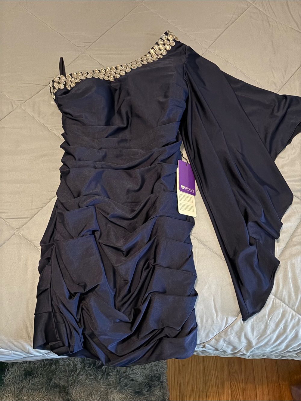 JJ's House One-Shoulder Navy Dress with Crystal Trim